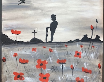 Original Hand Painted “lest We Forget” Canvas. Lone Soldier in