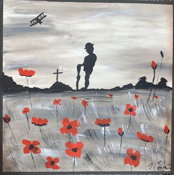 Original Hand Painted “lest We Forget” Canvas. Lone Soldier in