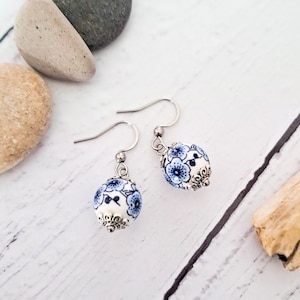 Handmade Ceramic Drop Earrings: Blue Flower Pottery Beads, Stainless Steel