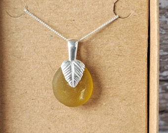 Sea Glass Necklace, Silver Necklace, Leaf, Handmade Necklace, Beach Glass Jewelry, Anniversary Gift