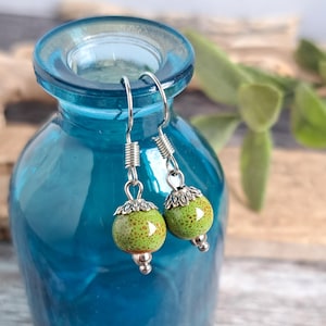 Pea Green Ceramic Bead Earrings: Stainless Steel Hypoallergenic Hooks