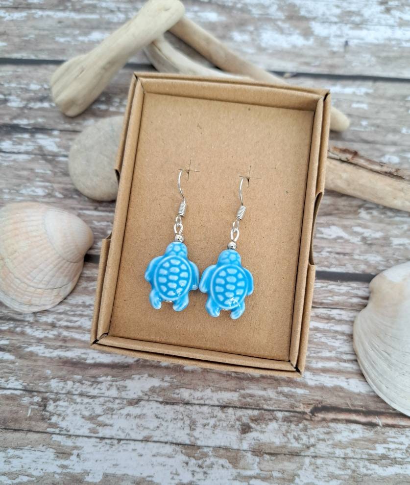 Orecchini A Forma Di Tartaruga Marina Con Pietra Di Luna Blu E Simbolo Onda, In Acciaio Inossidabile, Regalo Estivo Per Amanti Dell'Oceano