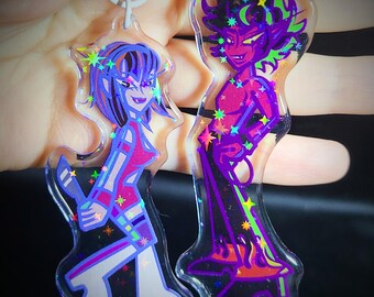 Devil Dude + Knife Chick Crystal Acrylic Holo Charm Keychains