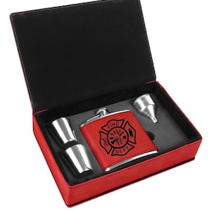 Personalized Firefighter Red Leatherette Flask Gift Set, 6 oz. Red Leatherette Flask, Bachelor Party Gift, Groomsmen Gift, Fireman Gift