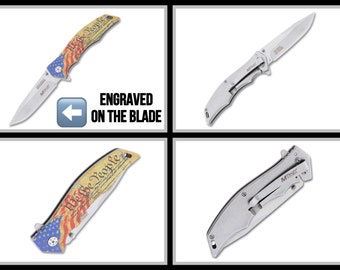 Personalized USA Pocket Knife | Silver Blade Only | Patriotic Folding Knife Laser Engraved | Grooms Groomsman Gift | Gifts for Dads