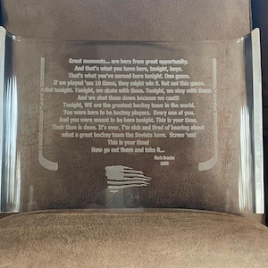 May include: A clear glass plaque with an engraved inspirational message about hockey. The plaque features a hockey stick and an American flag. The text reads: "Great moments... are born from great opportunity. And that's what you have here, tonight, boys. That's what you've earned here tonight. One game. If we played 'em 10 times, they might win 9. But not this game. Not tonight. Tonight, we skate with them. Tonight, we stay with them. And we shut them down because we can!!! Tonight, WE are the greatest hockey team in the world. You were born to be hockey players. Every one of you. And you were meant to be here tonight. This is your time. Their time is done. It's over. I'm sick and tired of hearing about what a great hockey team the Soviets have. Screw 'em! This is your time! How go out there and take it... Herb Brooks 1980"