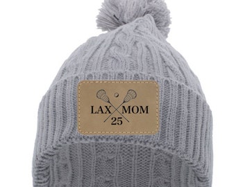 Personalized Sports Mom Pom Pom Beanie | Laser Engraved Leatherette Patch Winter Hat