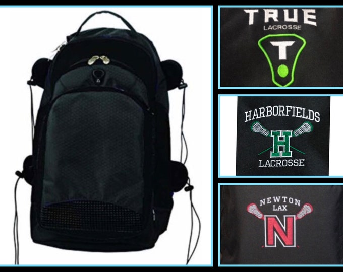 Personalized Lacrosse Backpack, Dual Stick Holder, Lacrosse Gear Bag, Custom Player Name and Number and Logo, Custom Sports Gift