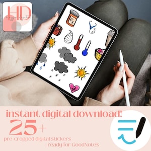 Op de afbeelding: Een digitale tablet met een verzameling van meer dan 25 voorgecropte digitale stickers voor gebruik met de GoodNotes-app. De stickers bevatten verschillende medische en gezondheidsgerelateerde illustraties, waaronder een stethoscoop, thermometer, pillen en een hart.