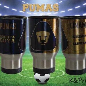 Termo Pumas de la UNAM 16 oz stainless steel travel mug. Coffee mug. White and Silver colors.