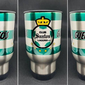 Termo Santos Laguna 16 oz stainless steel travel mug. Santos de Torreon coffee mug. White and Silver available. Custom mug.