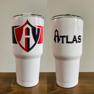 30oz Tumbler stainless steel Rojinegros del Atlas Campeon Cup. Colors silver and white. Logo Con 2 Estrellas