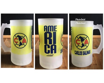 Aguilas del america 16oz frosted glass beer mug. Tarro cervezero de vidrio club america. Odiame mas.Frosted and clear mugs custom available.