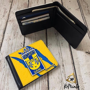 Cartera personalizada para hombre Tigres UANL. Cartera personalizada. Cartera de regalo. Cartera de piel sintética. Personalizada con tu nombre. Regalo para él. Incomparables.