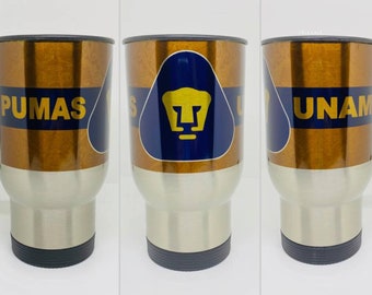 Termo Pumas de la UNAM 16 oz stainless steel travel mug. Coffee mug. White and Silver colors.