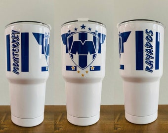 30oz Tumbler stainless steel Rayados de Monterrey Cup. Colors silver and white. Termo Rayados printed with permanent ink.