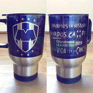 Termo Rayados de Monterrey 16 oz stainless steel travel mug. Coffee mug. White and Silver