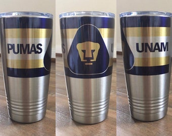 Termo Pumas de la UNAM 20 oz stainless steel tumbler. Custom coffee mug white and silver .