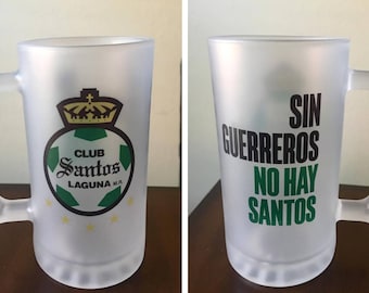 Santos Laguna  16oz frosted glass beer mug. Tarro cervecero de vidrio. Guerreros. 6 estrellas.  Frosted and clear mugs custom available.