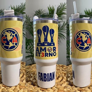 Termo Club America Campeon 40 oz stainless steel tumbler. Personalized cup Aguilas del America Tricampeon made with permanent ink.