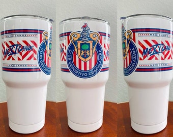 Termo Chivas de Guadalajara 30 oz stainless steel tumbler silver and white. Personalized cup chivas made with permanent ink.