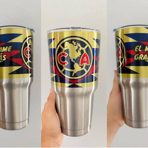 Termo Club America 30 oz stainless steel tumbler silver and white. Personalized cup Aguilas del America made with permanent ink.
