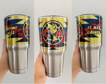 Termo Club America 30 oz stainless steel tumbler silver and white. Personalized cup Aguilas del America made with permanent ink.