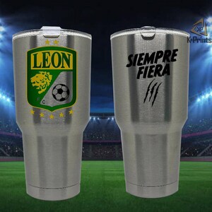 30oz Tumbler stainless steel club Leon Fc Cup. Colors silver and white. Termo Leon printed with permanent ink.
