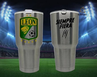 30oz Tumbler stainless steel club Leon Fc Cup. Colors silver and white. Termo Leon printed with permanent ink.
