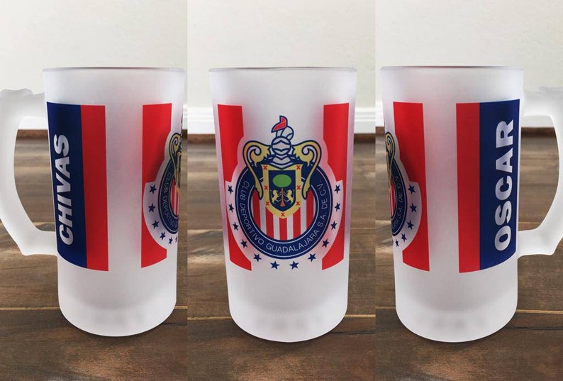 Chivas de Guadalajara Custom 16oz frosted glass beer mug. Tarro cervecero de vidrio Chivas rayadas. Frosted and clear mugs custom available.