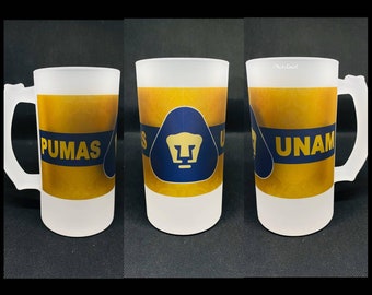 Pumas de la UNAM  16oz frosted glass beer mug. Tarro cervezero de vidrio Pumas Liga Mx. Clear and Frosted mugs available.