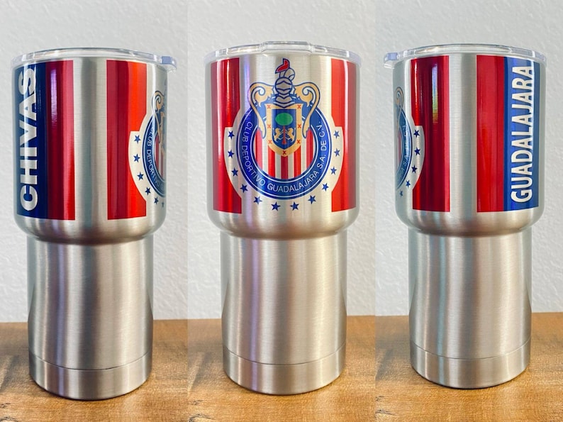 Termo Chivas de Guadalajara 20 oz stainless steel tumbler. Custom cup silver and white chivas.