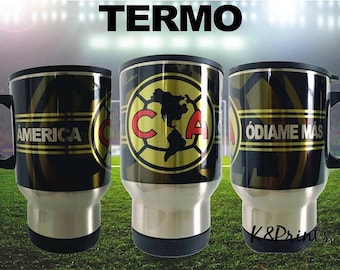 Termo Club America 16 oz stainless steel travel mug. Aguilas del America Odiame Mas. Silver and White