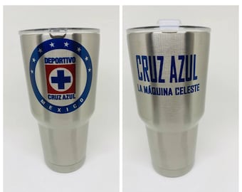 Termo Cruz Azul 30 oz stainless steel tumbler silver and white. Personalized cup maquina celeste made with permanent ink.