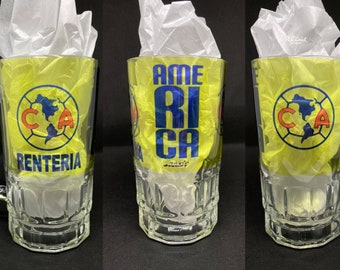 Club America  18 oz clear glass beer mug. Tarro de vidrio claro Aguilas del America. Frosted and clear mugs custom available.