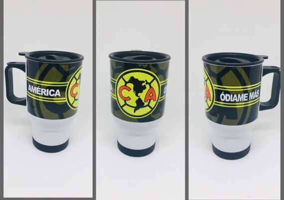 Termo Club America 16 oz stainless steel travel mug white. Coffee mug Aguilas del America. Custom cup silver and white.