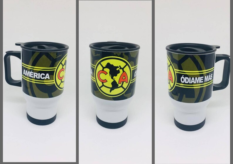 May include: A black and green travel mug with a yellow and red logo that says "Club America" and "Odiame Mas".