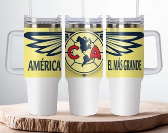 Termo Club America 40 oz stainless steel tumbler. Personalized cup Aguilas del America made with permanent ink.