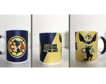11 oz Matte Black Color Changing Mug Club America.  11-15 oz White Coffee Mug. Printed With Permanent Ink. Taza Aguilas Del America.