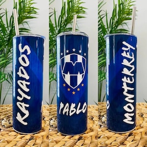 Custom 20oz Skinny Tumbler Rayados De Monterrey White Tumbler with straw lid, Printed With Permanent Ink, Tumbler. Add Your Name. Rayados