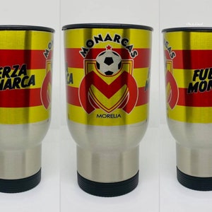 Termo Monarcas Morelia 16 oz stainless steel travel mug. Coffee mug. White and Silver colors.