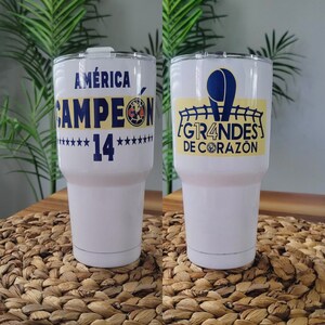 Termo Club America Campeon 30 oz stainless steel tumbler silver and white. Personalized cup  America Campeon made with permanent ink.