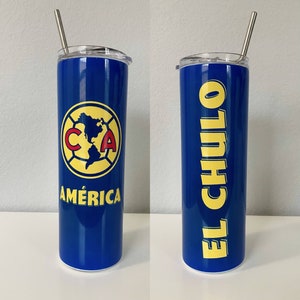 Custom 20oz Skinny Tumbler Club America, White Tumbler with straw lid, Printed With Permanent Ink, Tumbler. Add Your Name. America Liga Mx