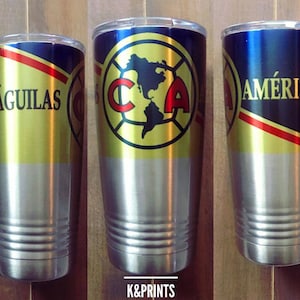 Termo Aguilas del America 20 oz stainless steel tumbler. Club America. Custom cup silver and white.