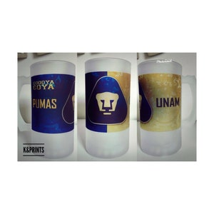 Pumas de la UNAM 16oz frosted glass beer mug. Tarro cervecero de vidrio. PUMAS  Frosted and clear mugs custom available.
