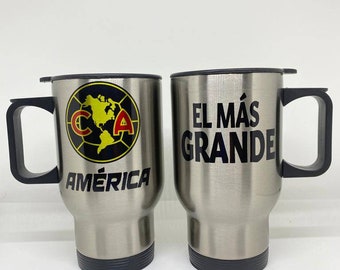 Termo Club America 16 oz stainless steel travel mug silver and white. Coffee mug Aguilas del America. Custom mug.