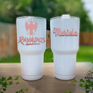 30oz Tumbler stainless steel Rayados de Monterrey Cup. Colors silver and white. Termo Rayados printed with permanent ink. Rayados Women.