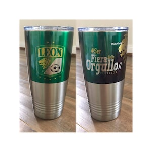 Termo Club Leon 20 oz stainless steel tumbler. Coffee mug. Custom cup Leon silver and white.