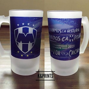 Rayados de Monterrey  16oz frosted glass beer mug. Tarro cervecero de vidrio. Frosted and clear mugs custom available.