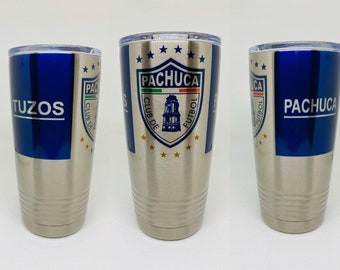 Termo Tuzos de Pachuca 20 oz stainless steel tumbler. Coffee mug white and silver. Custom tumblers.